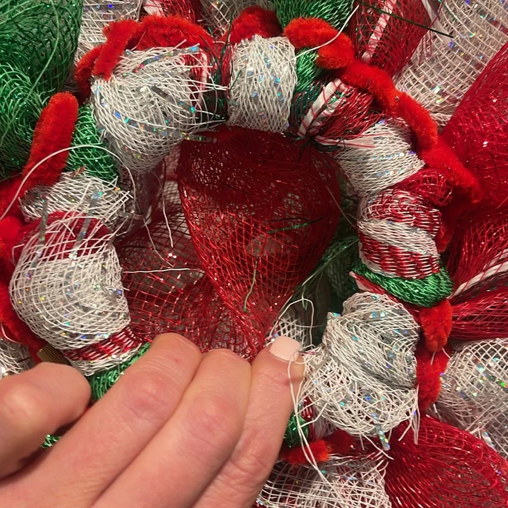 Festive Red, Green, and White Holiday Wreath Deco Mesh. Handmade.